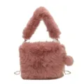 Pink fluffy plush handbag for women, cute winter fuzzy crossbody shoulder bag with chain. - Pink