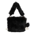 Black faux fur shoulder bag for women, stylish fluffy crossbody bag with gold chain strap. - Black