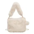 White plush shoulder bag for women, fluffy crossbody handbag with chic chain and cute pompom. - Off White