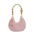 Sac a main peluche rose femme, sac epaule fluffy avec poignee perle bois hiver. - Rose