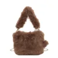 Brown plush handbag for women with fluffy handle and stylish chain strap, ideal for autumn. - Coffee
