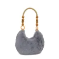 Grey fluffy plush shoulder bag with wooden bead handle winter fashion hobo handbag for women - Gray