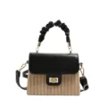 Woven straw hard-shell crossbody bag with black PU flap and scrunchie handle for vacation. - White PU Strap
