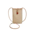 Woven straw mini phone bag stylish casual crossbody shoulder bag with delicate button. - Khaki With Brown Buckle