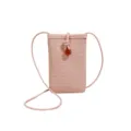 Pink straw woven mini crossbody phone bag with cute flower wooden button and thin shoulder strap. - Pink With Brown Buckle