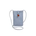 Light blue woven imitation straw cell phone crossbody bag with wooden button and shoulder strap - Blue With Brown Buckle