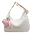White textured hobo shoulder bag for women, casual dumpling crossbody bag with cute plush pendant. - White (With Pendant)