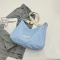 Light blue crinkled hobo crossbody bag with canvas strap casual aesthetic shoulder bag. - Blue
