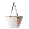Grand sac cabas tressé en paille avec poignée en foulard de soie, sac bandoulière pour femme. - Blanc & Rouge