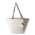 Sac cabas tissé en paille pour femme, sac seau élégant à bandoulière avec ruban et charm. - Blanc & Vert