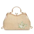 Sac à main tissé en paille avec broderie florale, poignée métallique et chaîne. - Blanc Cassé
