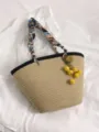 Woven straw tote bag with colorful scarf handle and yellow ball pendant, casual beach bag. - Khaki with Yellow