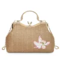Sac à main tissé en paille élégant avec cadre en métal, poignée et chaîne pour femmes. - Marron