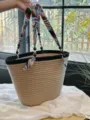 Woven straw tote bag with ribbon handles and wooden beads, large casual shoulder bucket bag. - Khaki