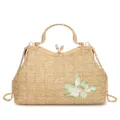 Sac a main en paille avec cadre en metal, broderie florale et bandouliere chaine pour l'ete. - Kaki