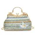 Colorful woven handbag with metal frame chain strap and floral embroidery for casual use. - Blue