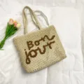 Sac cabas en paille tressée avec broderie marron, élégant sac de plage pour les femmes. - Blanc avec Marron
