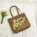 Sac cabas en paille tissée pour femme avec broderie de lettres, idéal pour les vacances à la plage. - Khaki et Blanc