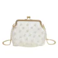 Joli sac pochette plissé blanc avec perles et chaîne dorée élégante pour soirée de femme chic - Blanc
