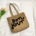 Sac cabas en paille tissée tendance avec broderie noire, idéal pour les vacances d'été à la plage. - Khaki & Noir