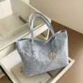 Blue tweed plaid large capacity shoulder bag with metal M charm and twin handles - Blue