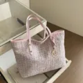 Pink tweed tote bag for women, large capacity shoulder bag, stylish casual handbag. - Pink