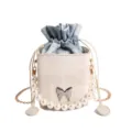 Women pearl handle bucket bag stylish denim drawstring crossbody shoulder bag chic handbag - White