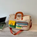 Color-blocked dopamine large capacity duffel bag, casual travel bag for women commute and storage. - 43x23x28cm / Khaki with Brown