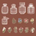 PET Aufkleber mit Parfümflaschen Umrissen und bunten botanischen Blumen für kreatives Tagebuch. - Garten in der Flasche