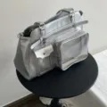 Bolso ita de moto plateado con bolsillo delantero transparente gran bolso bandolera - Estilo de Doble Hombro / Plateado