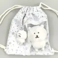 Mochila de cordón blanca con estrellas, bolsillo transparente y tierno peluche de oso. - Mochila Estrella Azul Claro