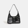 Bolso bandolera ita negro brillante con bolsillos frontales transparentes para tarjetas, elegante. - Negro