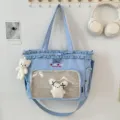 Cute Japanese style blue student tote bag with transparent ita window and cute plush pendants. - Shoulder Bag with Two Pendants / Blue