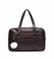 Bolso de uniforme JK de cuero PU marrón oscuro, bolso de campus japonés con bola de felpa. - Bolsa Individual / Marrón Oscuro Brillante