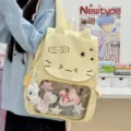 Mochila Escolar Gato Lindo Estilo Japonés Amarillo Claro con Bolsillo Transparente - Bolsa Individual / Amarillo