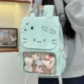 Variante de mochila de lona con orejas de gato, bolso escolar verde claro para estudiantes. - Bolsa Individual / Verde