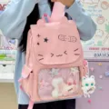 Zaino rosa con gatto di cartone animato giapponese con tasca frontale trasparente. - Borsa Singola / Rosa