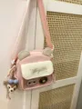 Bolsa bandolera ita bonita de lona japonesa con orejas de oso y bolsillo de malla. - Con Tablero de Insignias / Rosa