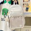 Cute large capacity white ita backpack with front mesh pocket and adorable bear pendant for daily use. - Double Shoulder with Pendant / White