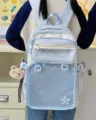 Vista detallada de la bonita mochila ita de estilo japonés con ventana transparente y oso. - Bolso Simple de Doble Hombro / Azul