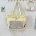 Cute Japanese style canvas tote bag with front clear pocket, large capacity school bag. - Single Shoulder Bag / Yellow