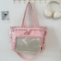 Pink cute tote bag student ita bag with transparent front pocket and sweet ruffles daily use. - Single Shoulder Bag / Pink