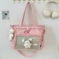 Cute Japanese Pink Ita Bag Large Capacity Student Shoulder Bag with Clear Window Plush Pendant - Shoulder Bag with Two Pendants / Pink