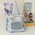 Japanese style canvas tote bag with clear window and multi pockets for daily use light blue - Single Shoulder Single Bag / Blue