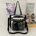 Large capacity canvas ita bag with clear pocket shoulder bag cute student daily school bag - Single Shoulder with Pendant / Black