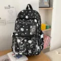 Mochila de lona con estampado de estrellas negras y bolsillo frontal transparente para estudiantes - Negro