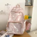Mochila escolar rosa estilo japonés con bolsillo delantero transparente, gran bolsa bonita. - Rosa