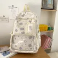 Mochila de estilo japonés lindo de múltiples capas con estrellas y bolsillo delantero transparente. - Blanco