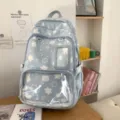 Blue aesthetic star pattern student backpack with clear front pocket for daily school commute - Blue