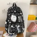 Japanese style cute star pattern black backpack, multi-compartment large capacity school bag. - Black With Pendant